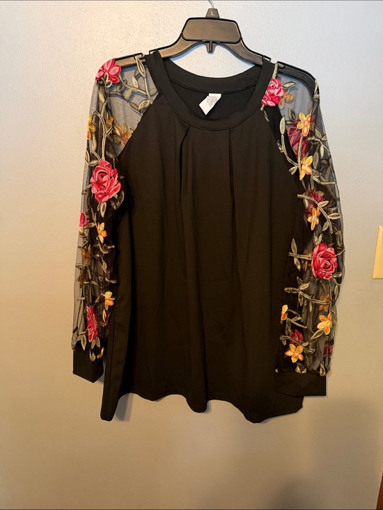 Source Unknown Tops - Source Unknown Black Top with Embroidered Floral Mesh Sleeves